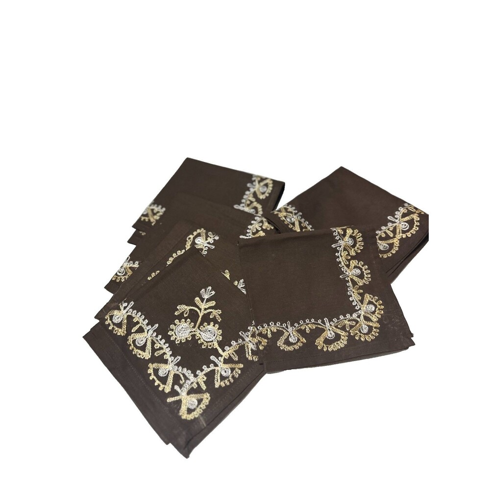 Brown Embroidered Cloth Napkins Set of 6 Thanksgiving Dining